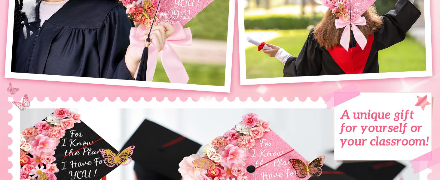 55 Pcs Pink DIY Graduation Cap Decorations Faux Assorted Flowers Pink Bows 3D Butterfly Stickers Glitter Alphabet Letter Number Decals for DIY Hat Grad Cap Topper Graduation Party Supplies
