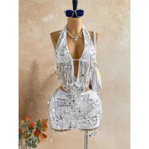 2pcs Fitted Shiny Fringe Sequin Drape Neck Camisole And Mini Skirt Set, Suitable For Music Festivals, Parties