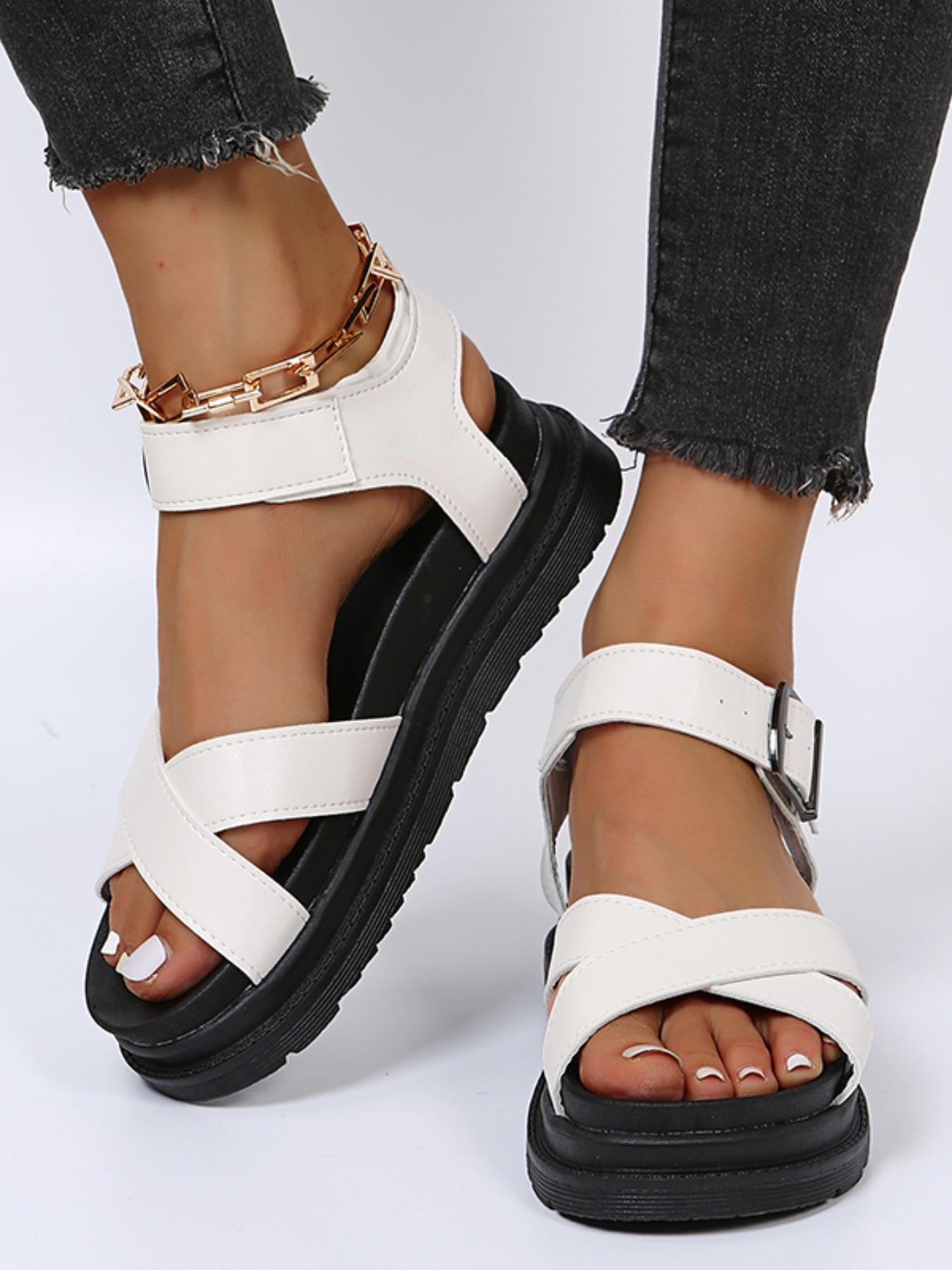 Women's Summer 2024 Fashionable Solid Color Criss Cross Strap Flatform Sandals, Casual Comfortable Wedge Sandals, Female All-match Shoes for Beach Vacation