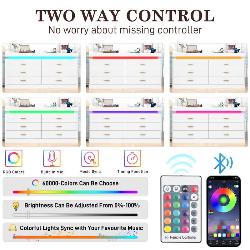 Dresser with LED Light and Charging Station, Modern Chest of Drawers for Closet, Wide Drawer Organizer Cabinet for Bedroom, Living Room, Entryway, Hallway