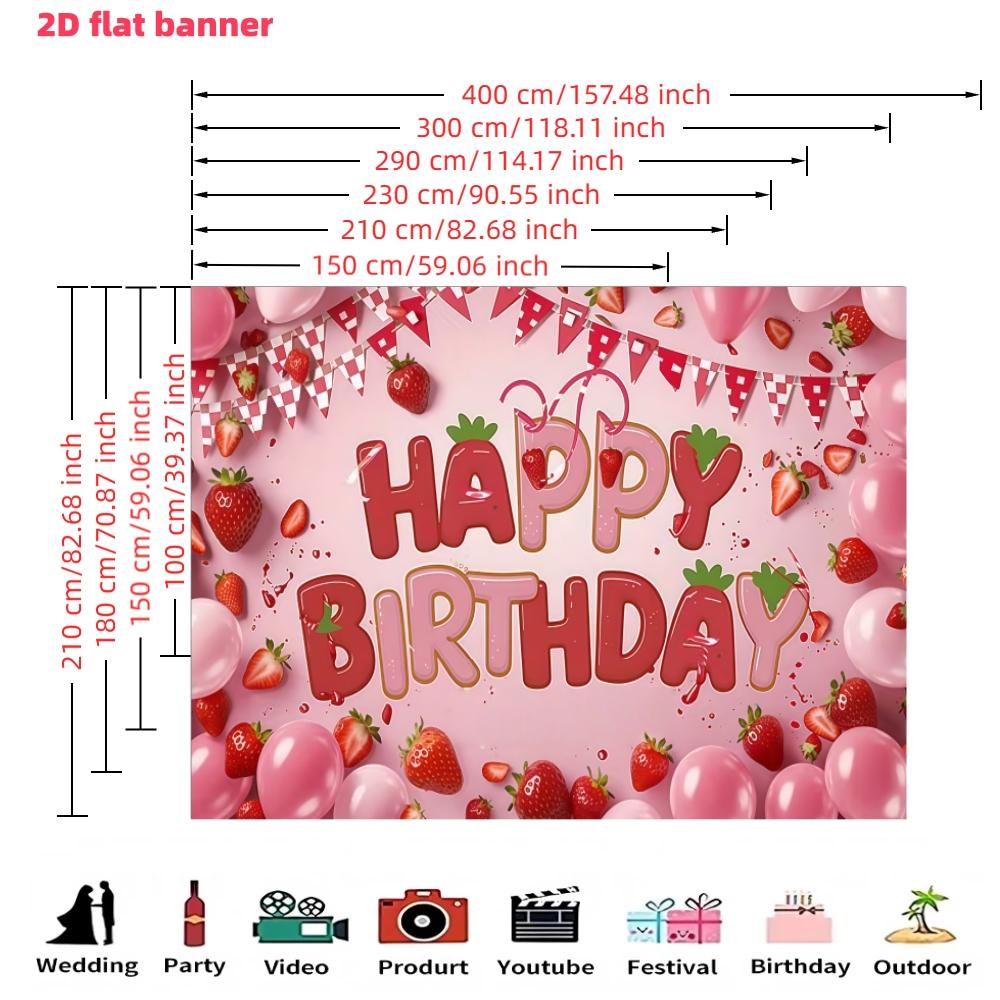 Pink strawberry themed birthday party background cloth,polyester birthday party banner,vibrant pink background,suitable for photo booths, parties, birthdays, celebrations, indoor and outdoor home birthday party decoration, home decoration, room decoration