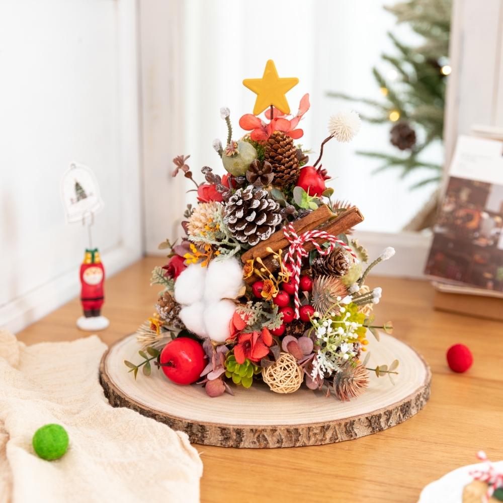 Fall Vintage Artificial Christmas Tree Ornament, Artificial Flowers with Wooden Base, Christmas Decor, Fake Plants, Home Room Office Decor, for Holiday Autumn Thanksgiving Christmas Party Decor, Coffee Shop Atmosphere Decor, Does not include light strings