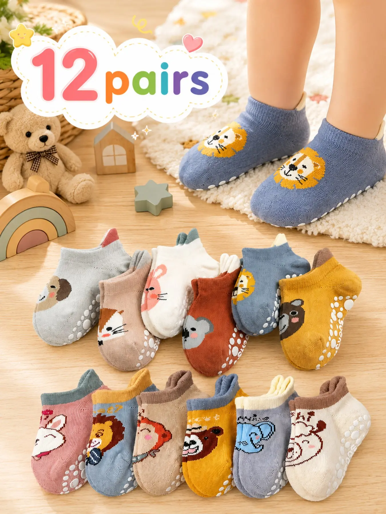 6/12 Pairs Kids Non-Slip Walking Socks, Baby Home Floor Socks, Soft Sole Anti-Fall Socks, Boys and Girls Toddler Socks