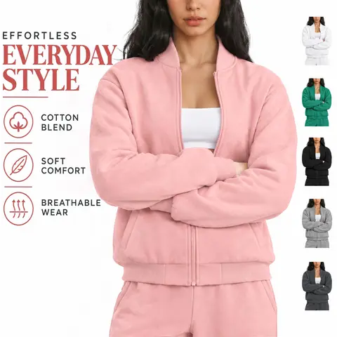 Women's Stand Collar Full-Zip Jackets for Women, Long-Sleeve Soft Comfortable Fabric Solid Color Top, Multi-Color Options, Ideal for Daily Casual Wear & Fitness