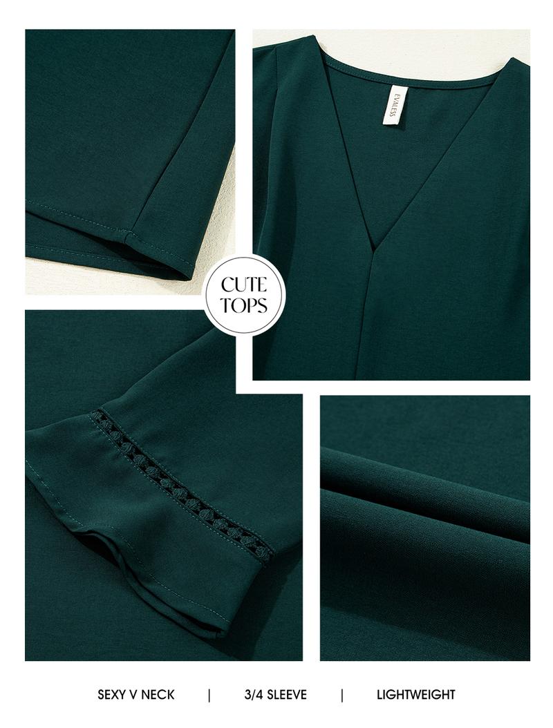 EVALESS Shirts for Women 3/4 Sleeve Casual Tops Pleated V Neck Business Work Elegant Comfort Basic Blouses Shirts 2026 Womenswear