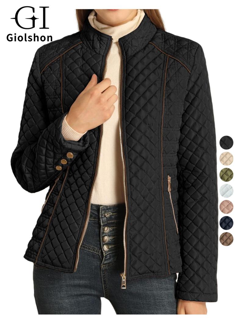 Women's Casual Large Size Cotton Jacket Lightweight Coat Spring Autumn Winter Warm Stand Collar Pocket Outerwear