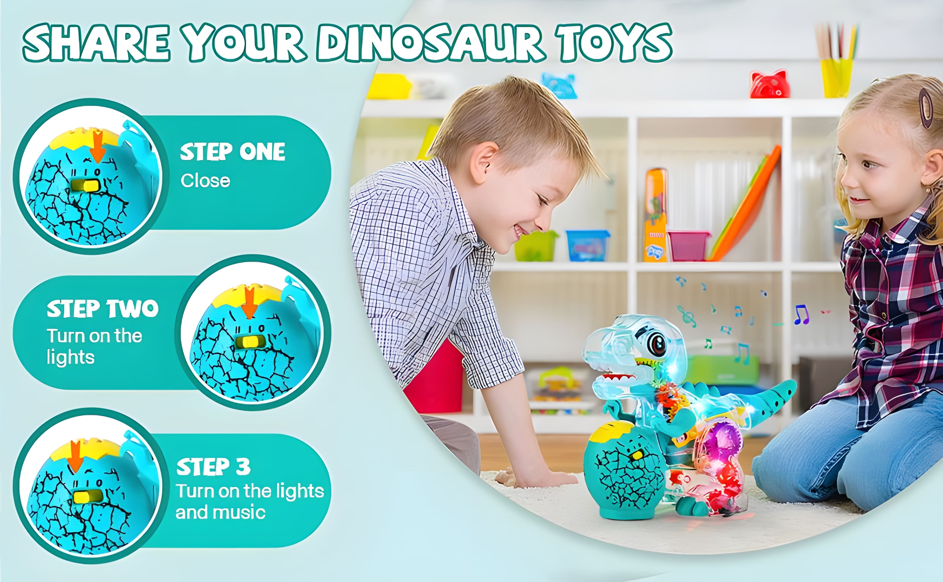 Electric T-Rex Roaring Dinosaur Toy, Music Toys with LED Lights & Moving Wheels, Transparent Stem Gear Toys for Kids Entertainment Birthday Party Christmas