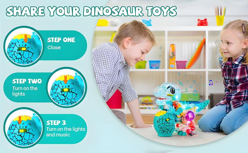 Electric T-Rex Roaring Dinosaur Toy, Music Toys with LED Lights & Moving Wheels, Transparent Stem Gear Toys for Kids Entertainment Birthday Party Christmas
