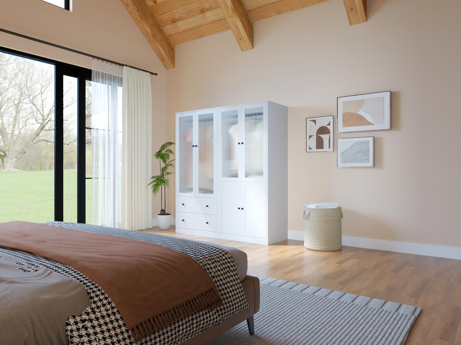 【2 Packages Delivery】VOWNER Wardrobe Closet with Fluted Glass Door, 2 Drawer & Shelf, Wooden White Armoire Storage Cabinet for Bedroom 【2 Packages Delivery】VOWNER Wardrobe Closet with Fluted Glass Door, 2 Drawer & Shelf, Wooden White Armoire Storage Cabinet for Bedroom