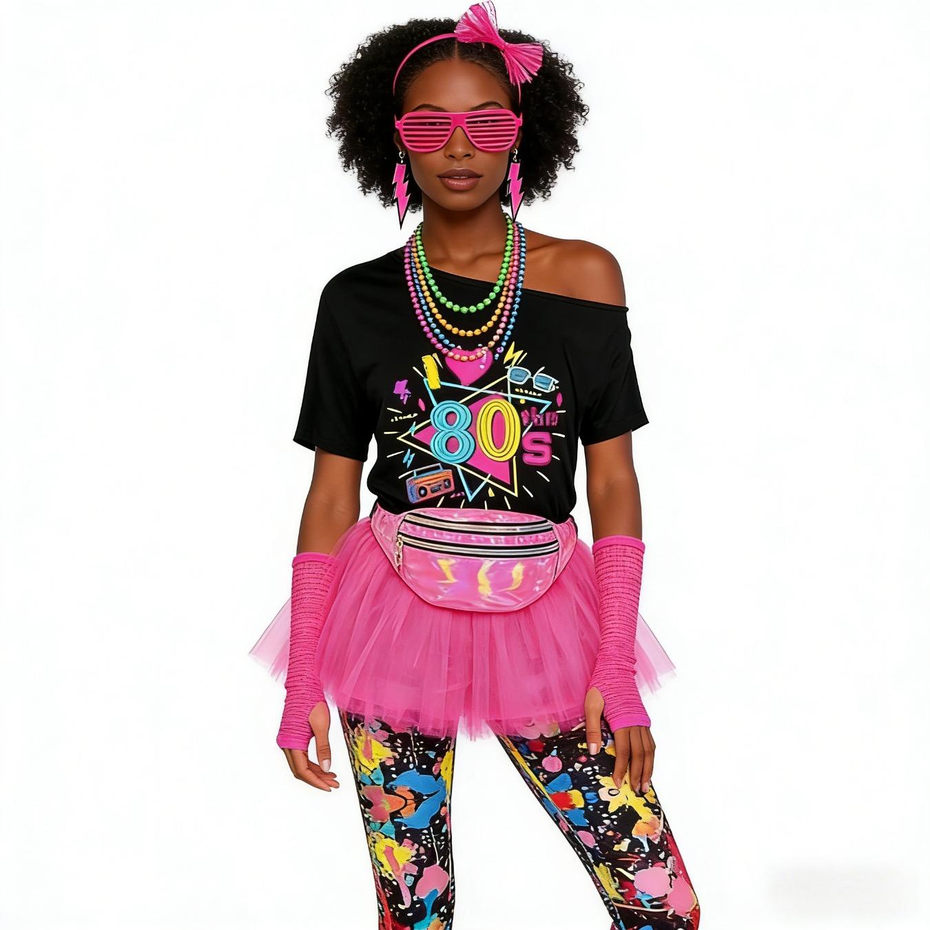 80s Drop Shoulder T-Shirt Tutu Skirt Leopard Skinny Pants Costume Set With Waist Bag Headband Necklace Bracelet Earrings Foot Covers For Bar Music Party Stage Performance