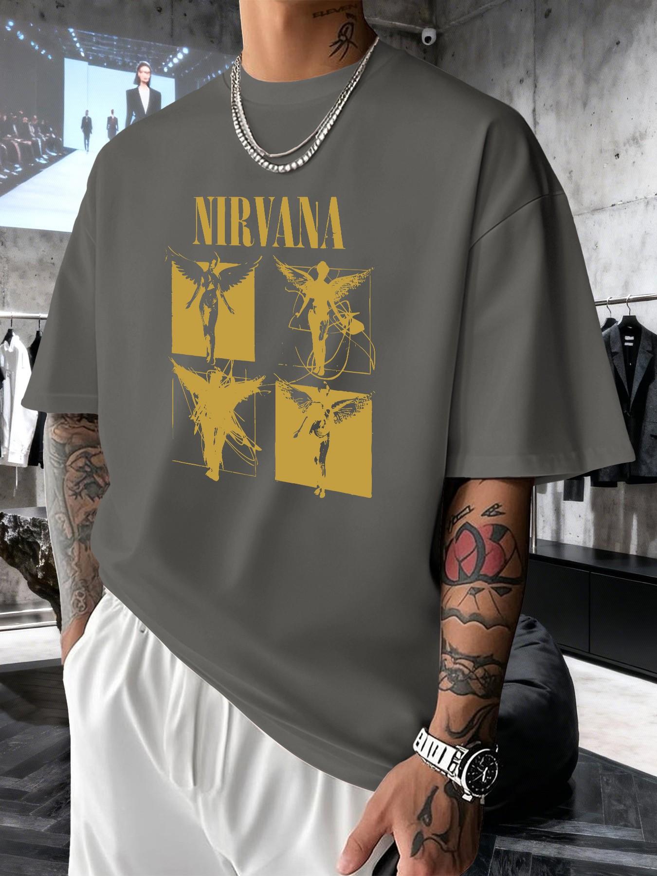 Nirvana Retro Rock Print Men's Fashion T-Shirt, Casual Graphic Short Sleeve Top, Comfortable Round Neck Tee for Spring Summer
