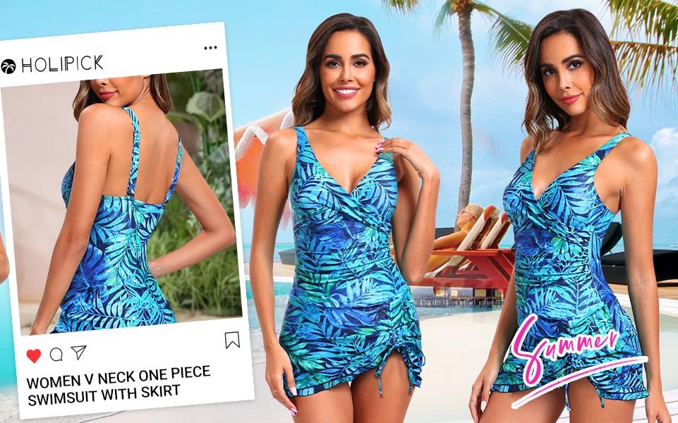 Holipick Women's Tummy Control One Piece Swim Dress Strapless Swimsuit Bandeau Skirted Bathing Suits