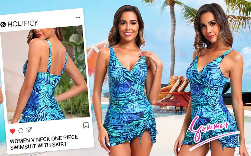 Holipick Women's Tummy Control One Piece Swim Dress Strapless Swimsuit Bandeau Skirted Bathing Suits