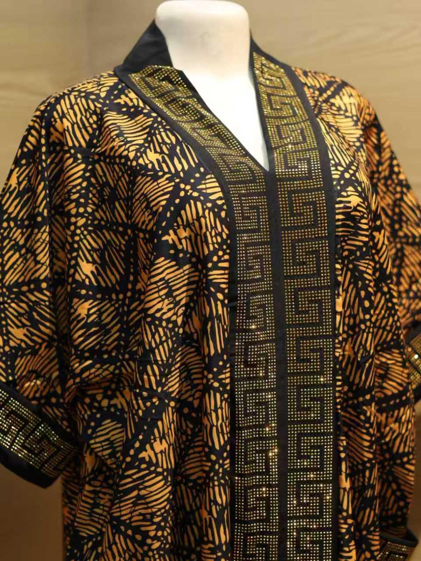 Hot selling plus size loose ethnic women's boubou kaftan high-end hot stamping printing V-neck short sleeved summer casual daily slimming retro party dress