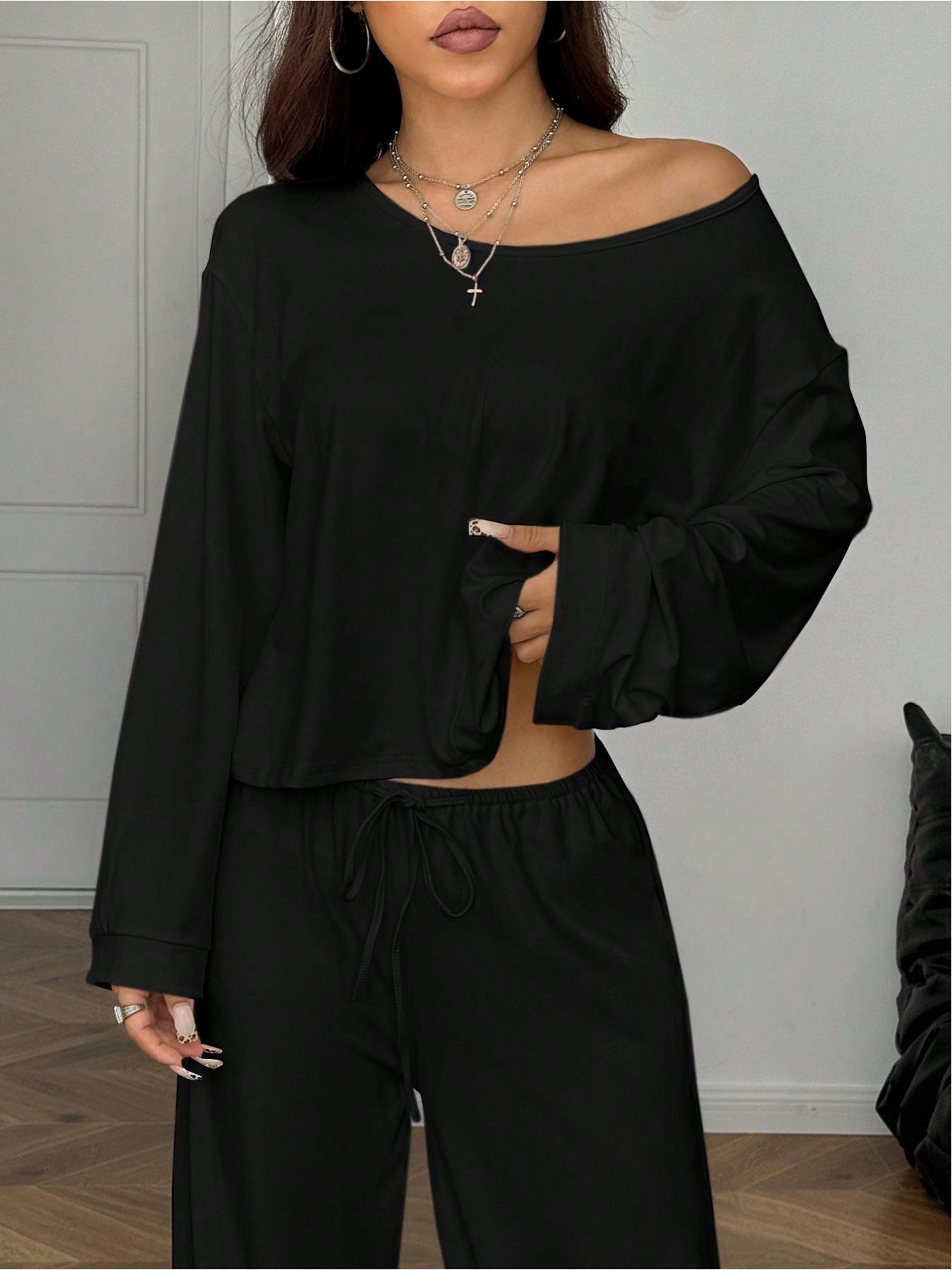Women's 2 Piece Matching Lounge Set Off The Shoulder Long Sleeve Top and Drawstring Wide Leg Pants Casual Sweatsuit