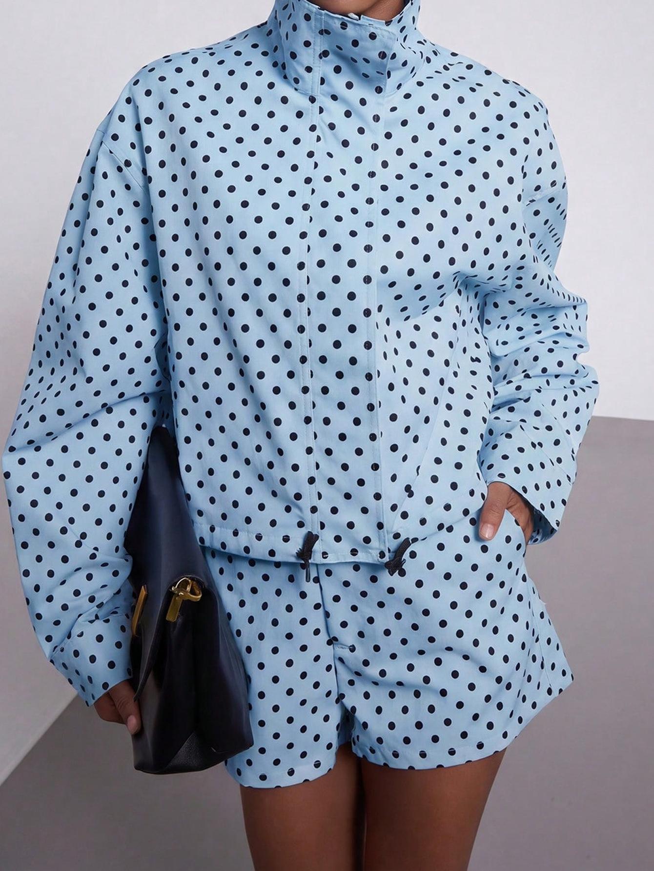 Women's Spring Fall Fashion European Style Stand Collar Vintage Polka Dot Long Sleeve Jacket Pilot Look Outerwear with Polka Dot Shorts Two-Piece Set Blazer Shorts Set