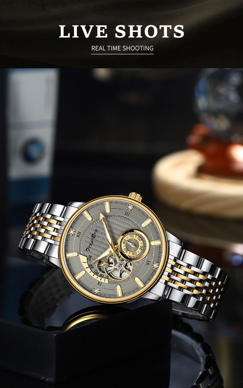 TINAIBIN Men's Diamond Business Formal Pointer Automatic Mechanical Watch Stainless Steel Waterproof Luminous Two-color Luxury Casual Watch