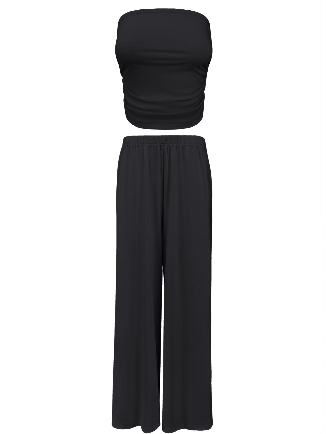 Women's 2 Piece Knit Lounge Set Strapless Tube Top and High Waisted Wide Leg Pants Casual Sweatsuit
