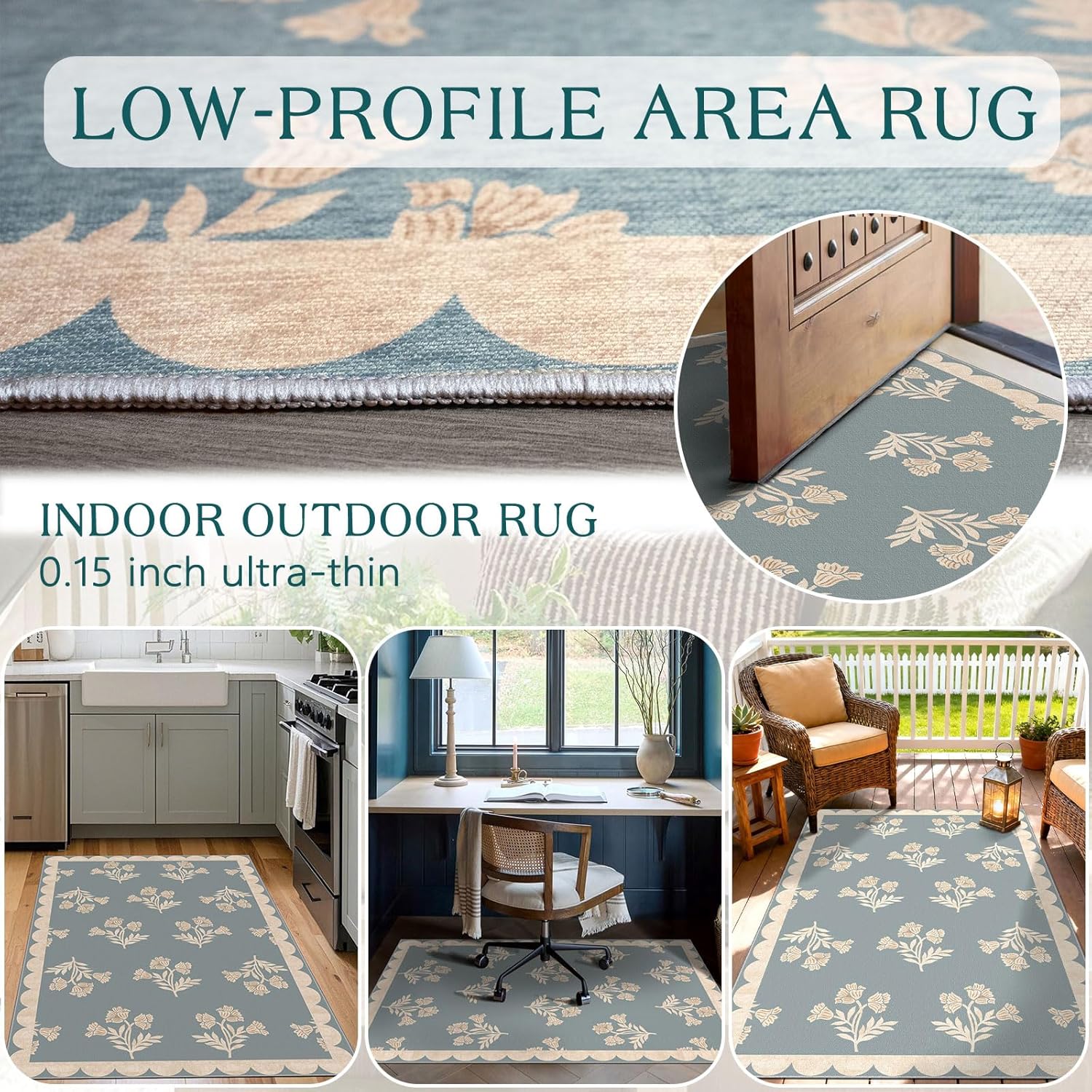 2'×3' Floral Non-Slip Washable Doormat, Blue Retro Farmhouse Scalloped Entry Rug for Front Door, Entryway, Kitchen and Front Porch, Indoor and Outdoor Decorative Mat, Home Decor Mat