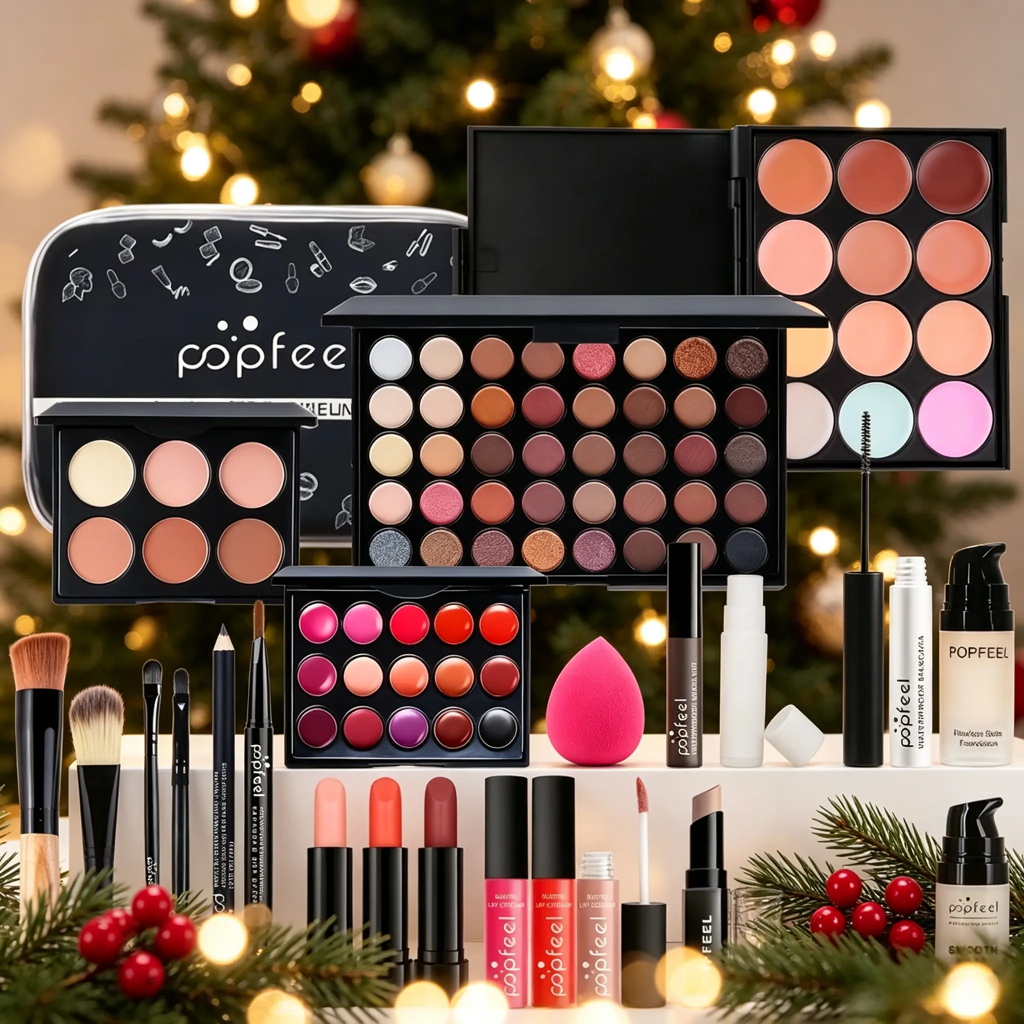 POPFEEL All-in-One Full Face Makeup Set, including eyeshadow palette, lipstick, mascara, makeup brushes & makeup bag. A top choice for ladies' Mother’s Day / birthday gift, beginner-friendly makeup kit.