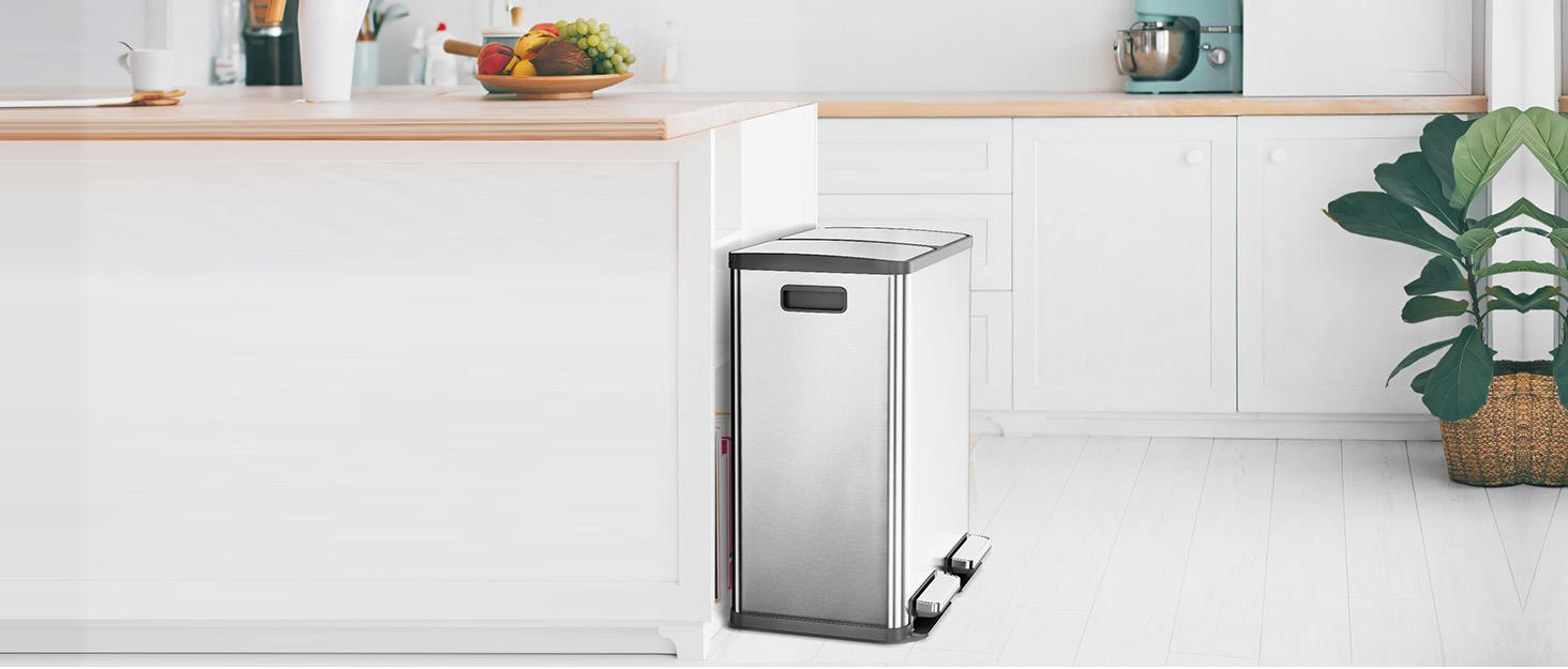 Kitchen Trash Can with Lid, 2 x 8 Gallon Garbage Can, with Soft-Close Foot Pedal and Removable Inner Bucket, 60 Liter Large Stainless Waste Bin for Bathroom Bedroom Home Office