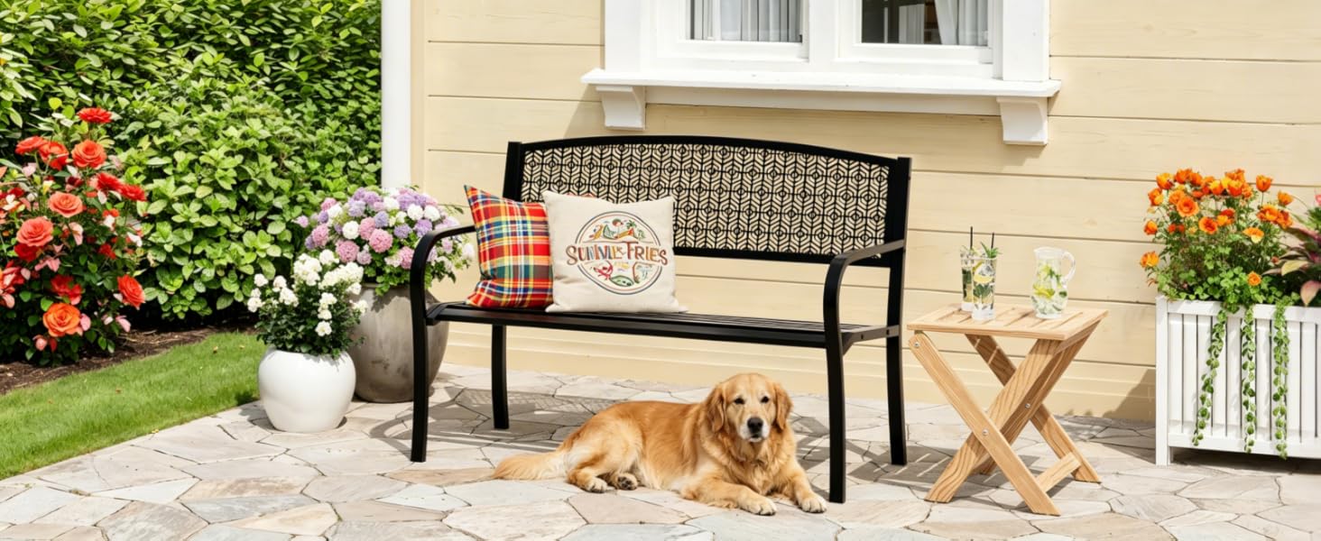 50 in Weather-Resistant Steel Frame Outdoor Patio Furniture Bench - 2-3 People Seat with Decorative Curved Backrest - Ideal for Porch, Yard - Patio Furniture Accessory