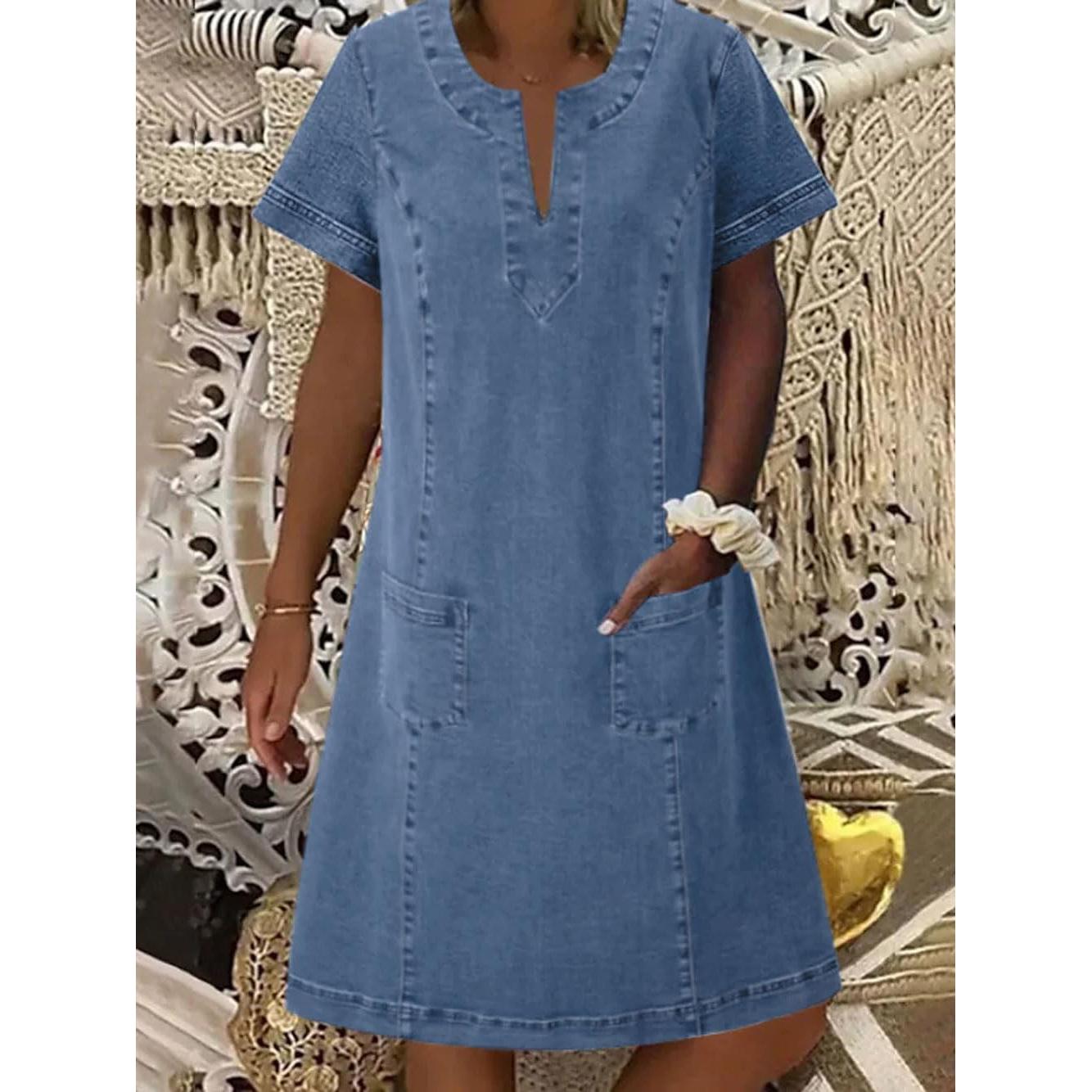 CHARTOU women's summer V-neck denim dress, loose denim short sleeved dress with pockets CHARTOU women's summer V-neck denim dress, loose denim short sleeved dress with pockets