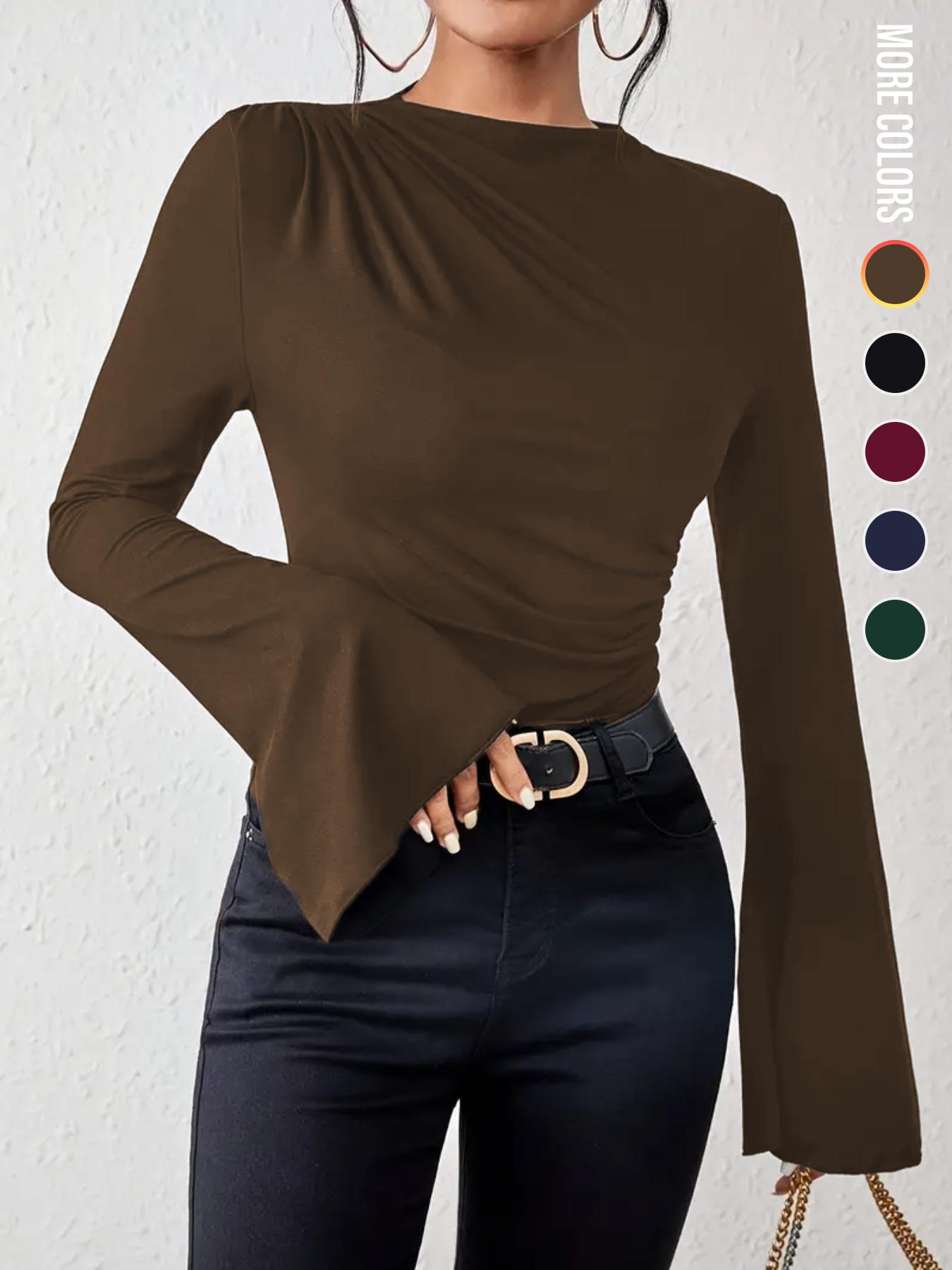 Women's Plain Ruched Flounce Sleeve Tee, Elegant Long Sleeve Stand Collar T-Shirt for Spring & Fall, Womenswear, Women's Top for Daily Wear