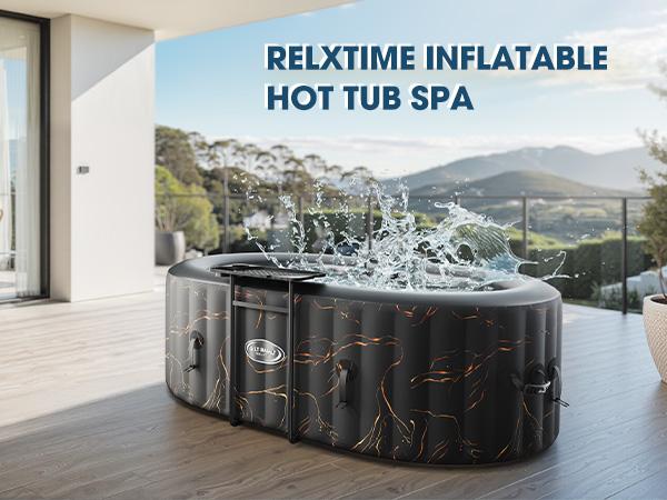 RELXTIME 2 Person Oval Inflatable Hot Tub Set Outdoor Spa with 100 Massage Jets, LED Light , Black FathersDayGift