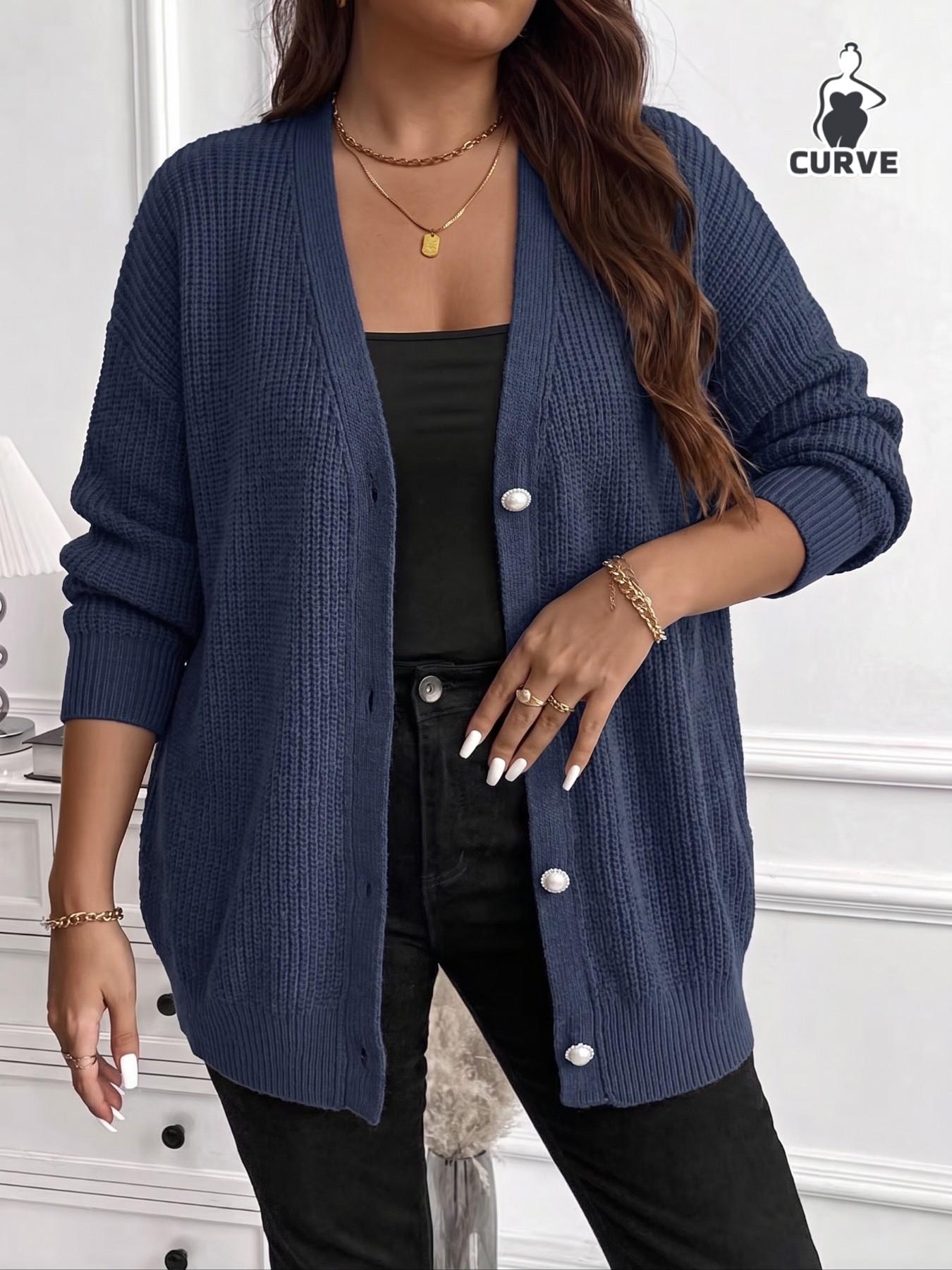 Plus Size Women Button Front Long Sleeve Knit Cardigan, Figure-Flattering Casual Knit Outerwear for Spring & Fall, Soft Cozy Sweater for Commute & Loungewear, Suitable for Daily Dates, Vacations, Gatherings, Holiday Outfits, Knitwear