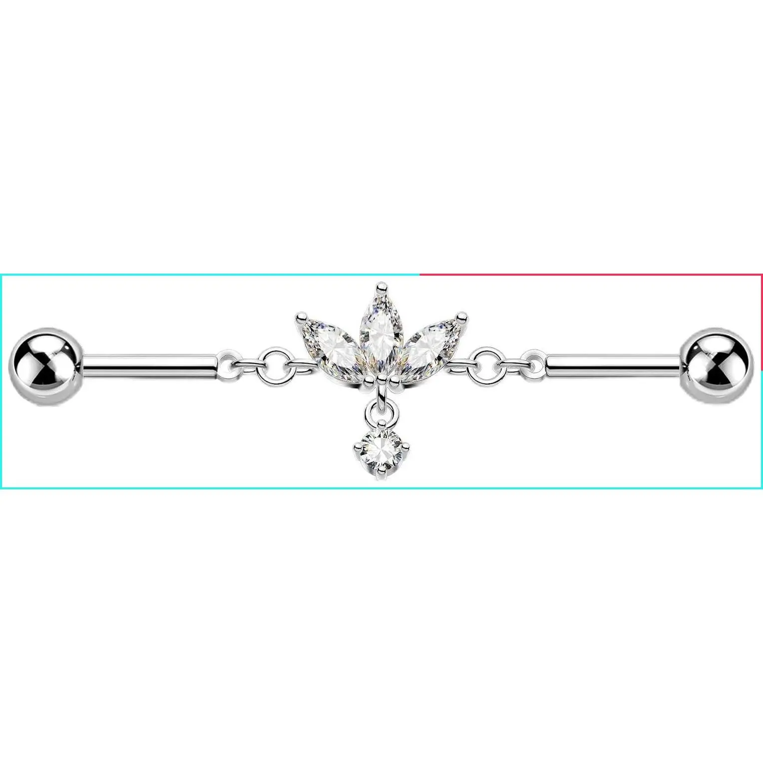 Lotus Flower Industrial Piercing Jewelry Chain Silver 14g 38mm Dangle Industrial Bar Surgical Steel for Women Men