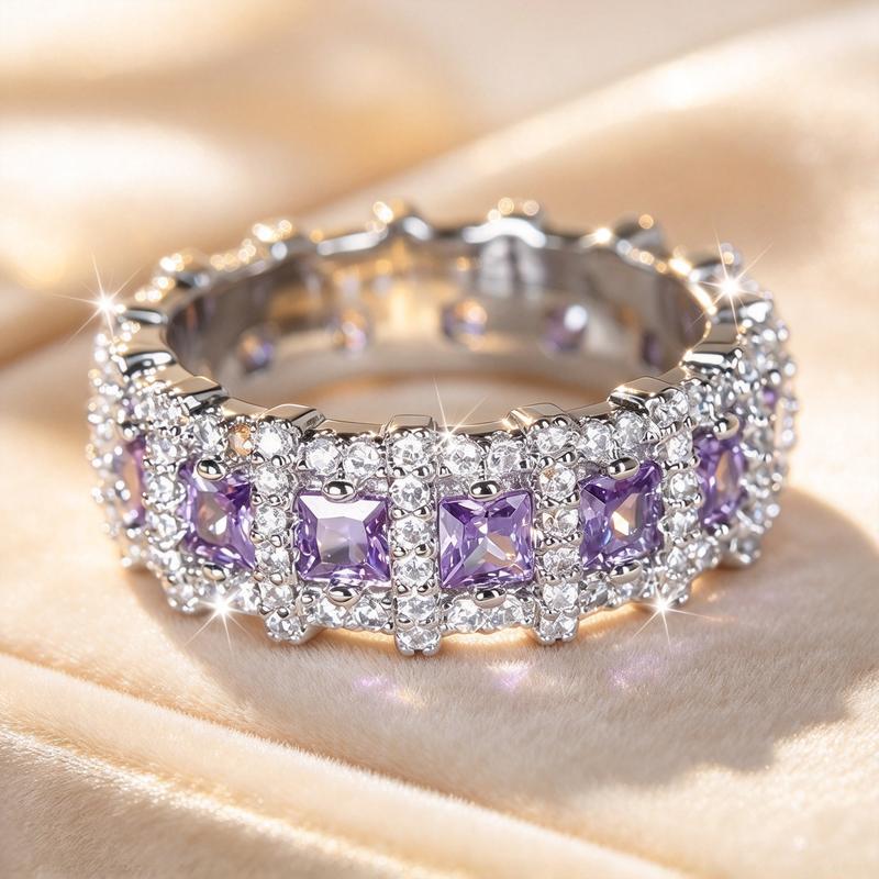 Womens Full Eternity Band Ring, Square Cut Purple Stone with Clear Accent Stones, Trendy Stackable Ring for Anniversary Holiday Occasions