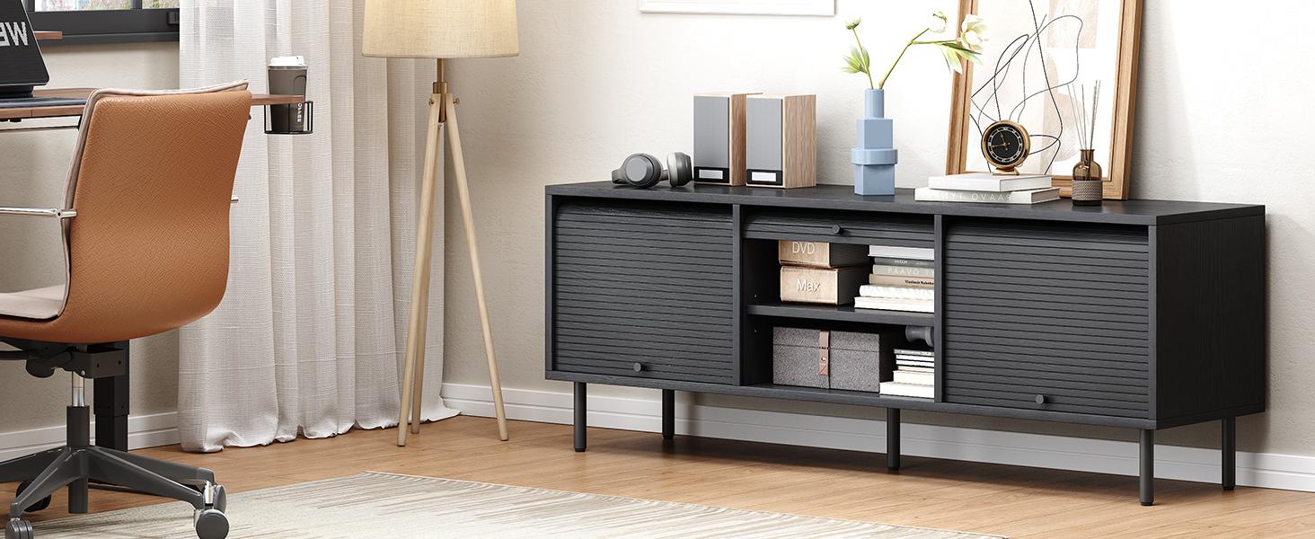 【SPRING GLOW UP】ONBRILL 59 Inch TV Stand for TVs up to 65 Inch, Entertainment Center with Power Outlet, Mid-Century Modern TV Console with Storage, Adjustable Shelf & Sliding Doors, TV Stand for Living Room