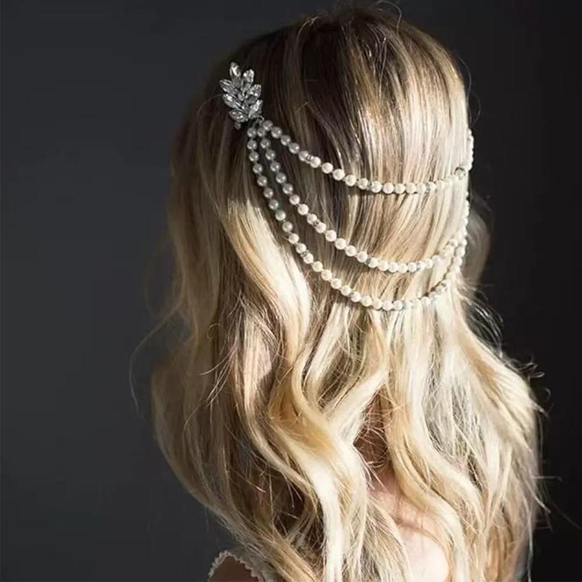 Wholesale hair clips, European and American cross-border new style pearl hair accessories, niche high-end jewelry, diamond-embellished leaf hair clips, hair accessories for women