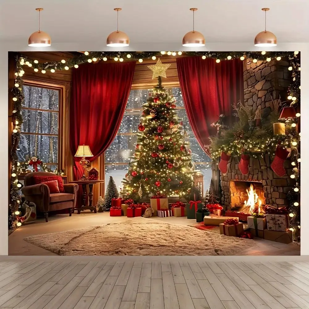 Christmas tree and fireplace scene background, suitable for holiday photos and decorations, universal polyester banners