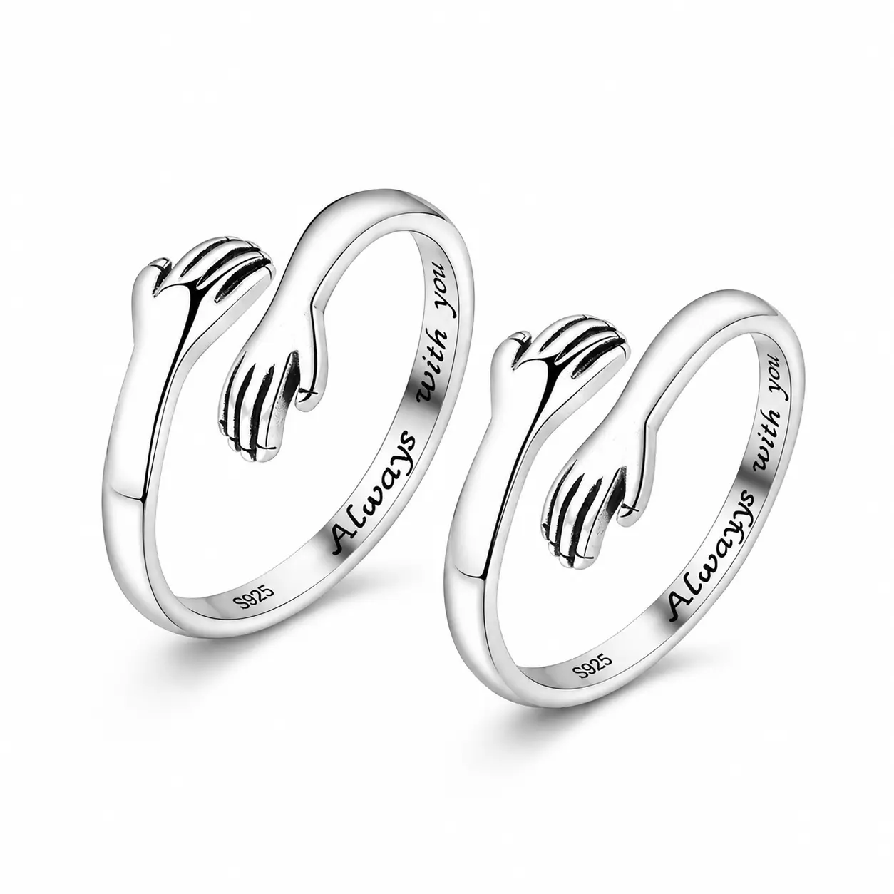 Women's 925 Sterling Silver 2-Piece Hug Shape Adjustable Open Rings, Dainty Stack Jewelry, Adjustable Size, Everyday Wear, Ideal Birthday Gift for Girls