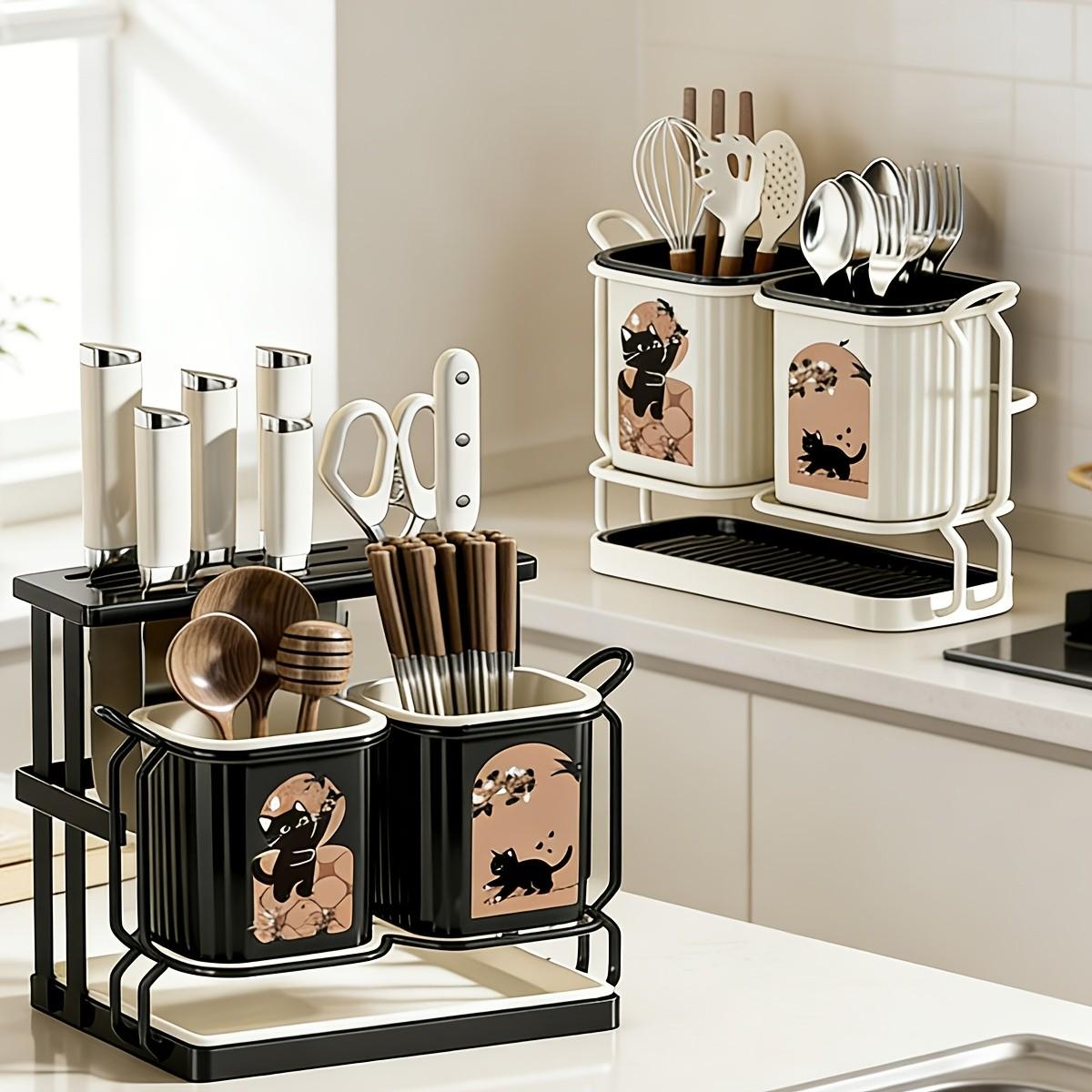 Carbon Steel Kitchen Utensil Rack with Cutters Holder, 2 Cute Cat Storage Boxes, Wall-Mounted and Countertop Storage, Detachable Tray, Durable Design