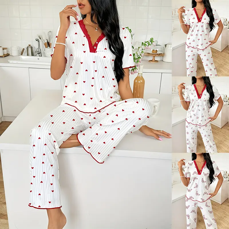 Women's 2-Piece Cherry Print Pajama Set, Shortsleeve Lounge Set