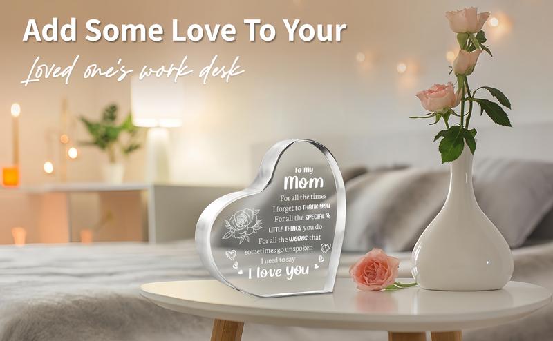 Heart Shaped Acrylic Decoration Block, Flower & Letter Pattern Decorative Ornament, Inspirational Creative Gift for Mom, Delicate mom birthday gift,Gift idea,Funny home decor