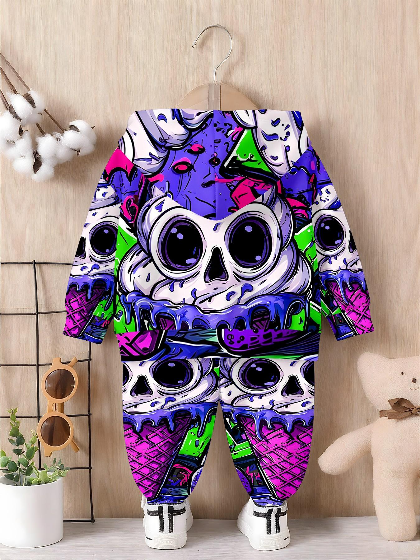 Boys' Creative Skull Ice Cream Full Print Set, Long Sleeve Loose-Fit Sweatpants, Casual Fall & Winter, All over Print Design