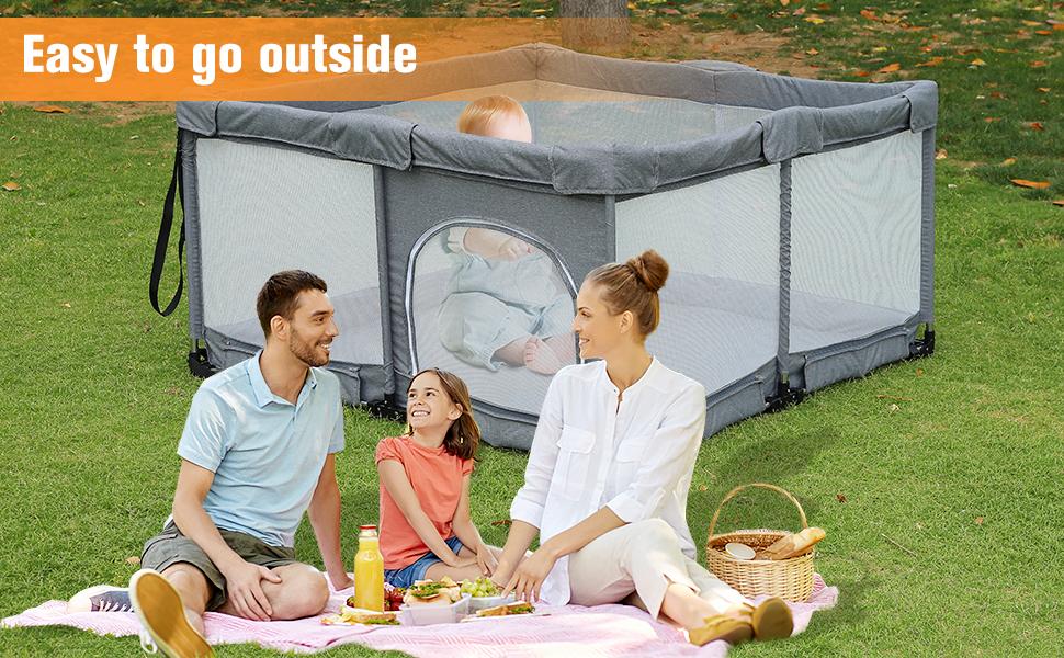 Foldable Baby Playpen,Collapsible Playpen for Babies and Toddlers, Extra Large Foldable Playpen for Baby with gate, Baby Activity Center with Fence, Travel Play Pen (Black/grey51"×51")