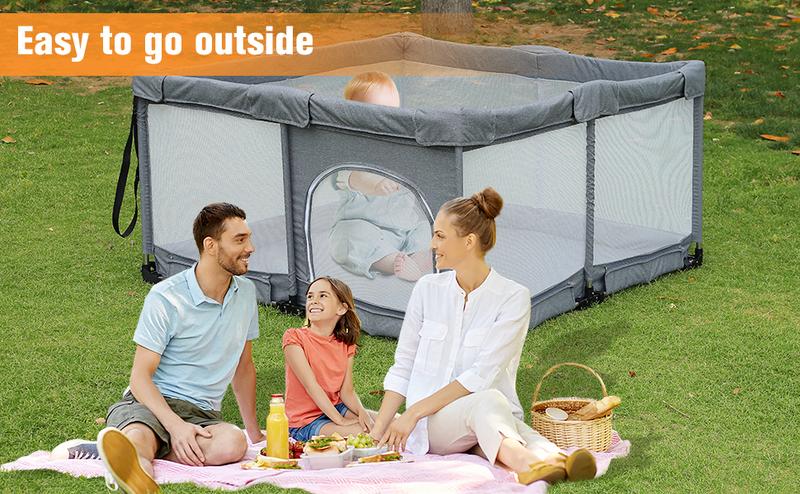 Foldable Baby Playpen,Collapsible Playpen for Babies and Toddlers, Extra Large Foldable Playpen for Baby with gate, Baby Activity Center with Fence, Travel Play Pen (Black/grey51"×51")