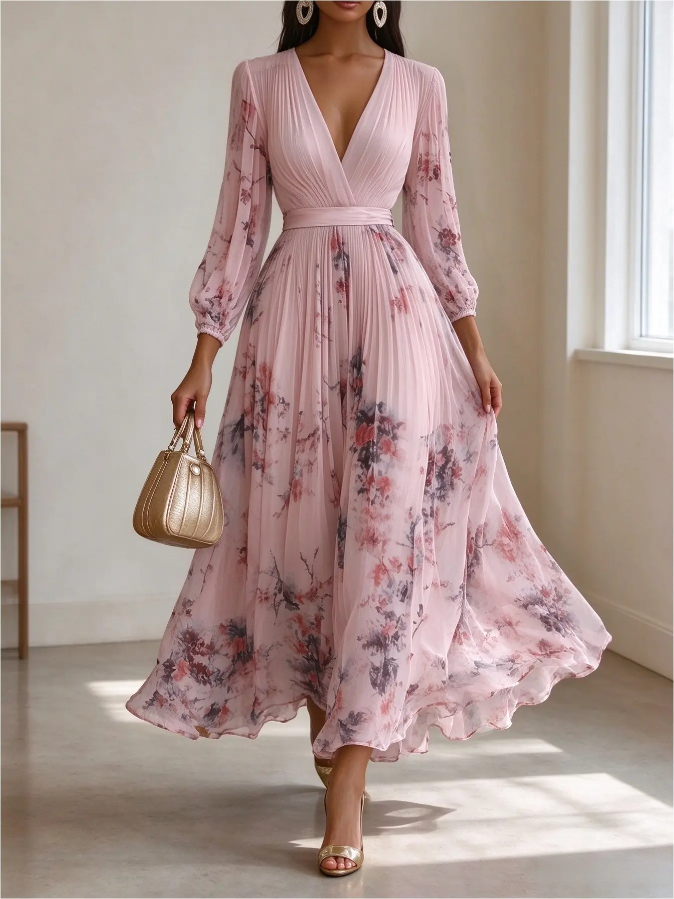2026 New V Neck Cross Floral Pleated Dress, Bubble Long Sleeve Waist Cinch Maxi Dress, Elegant Boho Casual Wear Style for Vacation and Daily Wear
