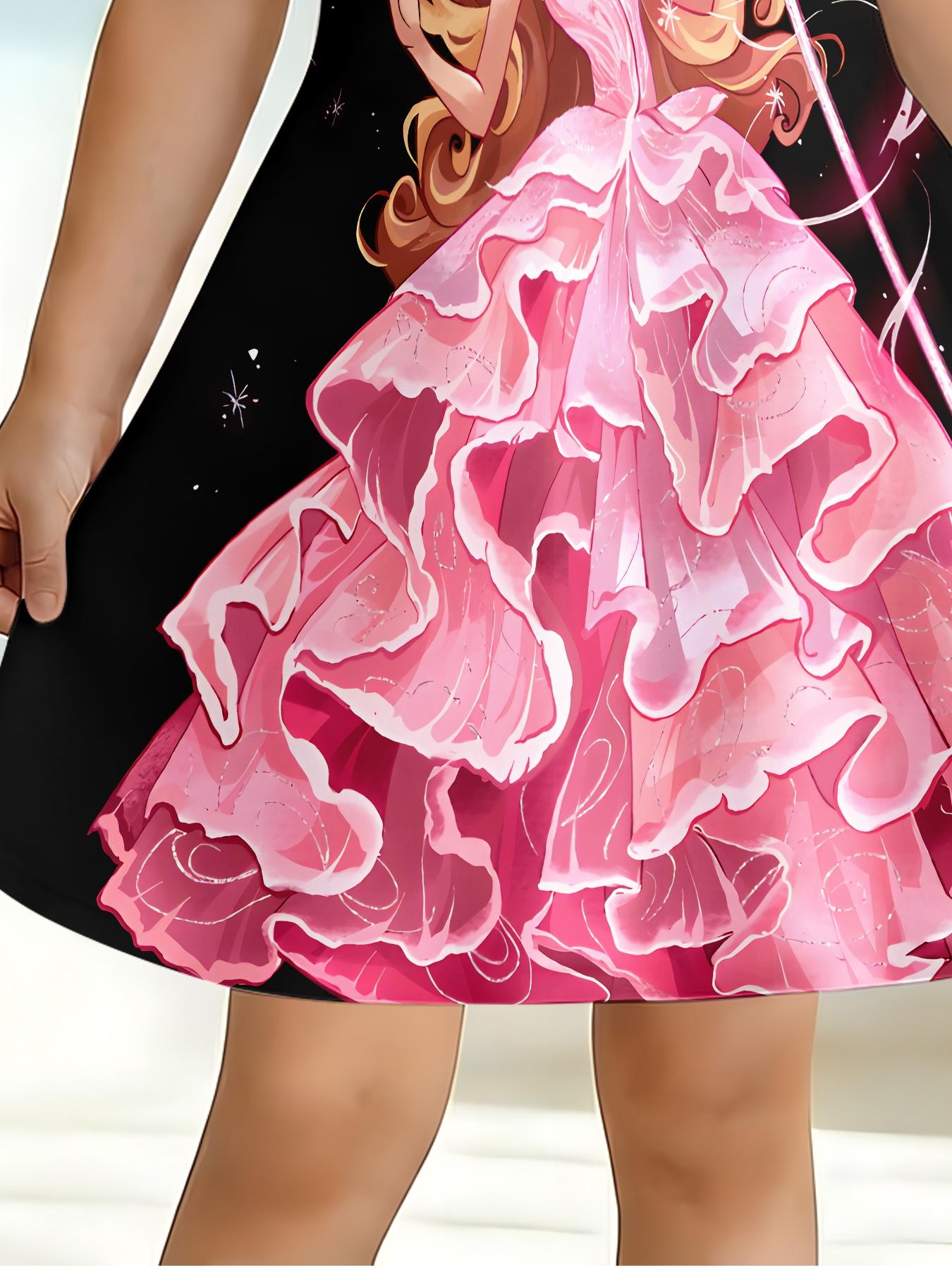 Girls Summer Pink Gown Princess Print Dress, Kids Black Background Magic Scepter Crew Neck Short Sleeve A-Line Dress
