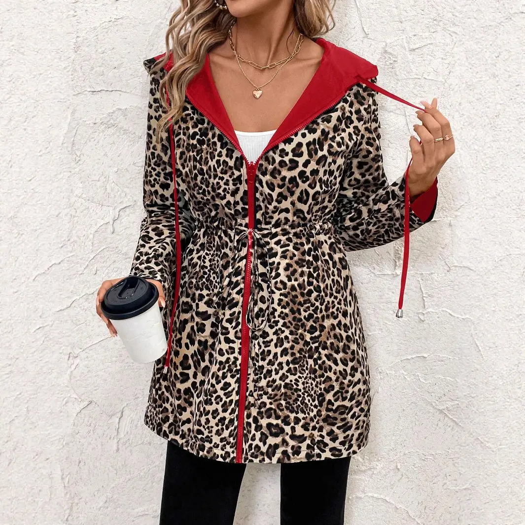 Fall Fashion Reversible Leopard Print Hooded Long Jacket for Women, Zip Up Drawstring Waist Belted Casual Long Sleeve Trench Windbreaker Outerwear