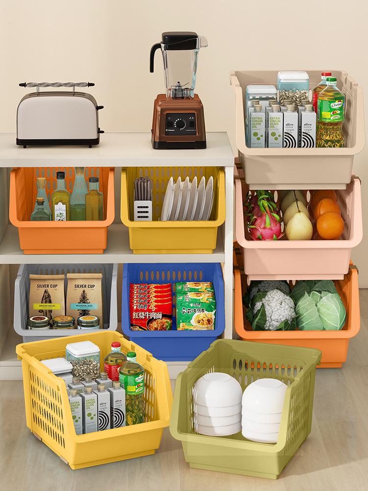 Thick Plastic Kitchen Floor Basket with Wheels, Multi-Layer Dustproof Stackable Vegetable Basket, Home Snacks Toys Storage Rack