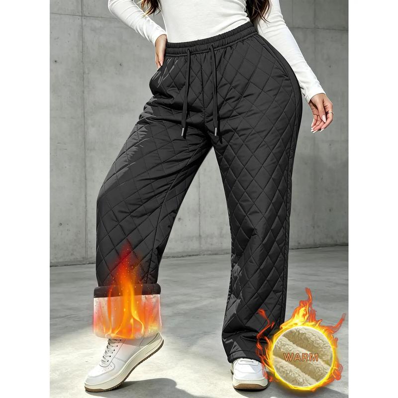 Women's Quilted Wide-Leg Sherpa-Lined Winter Bottom Pants - Diamond Stitch, Elastic Drawstring, Cozy Padded, Warm Non-Bulky, Comfortable for Cold Weather Daily Casual & Outdoor Use