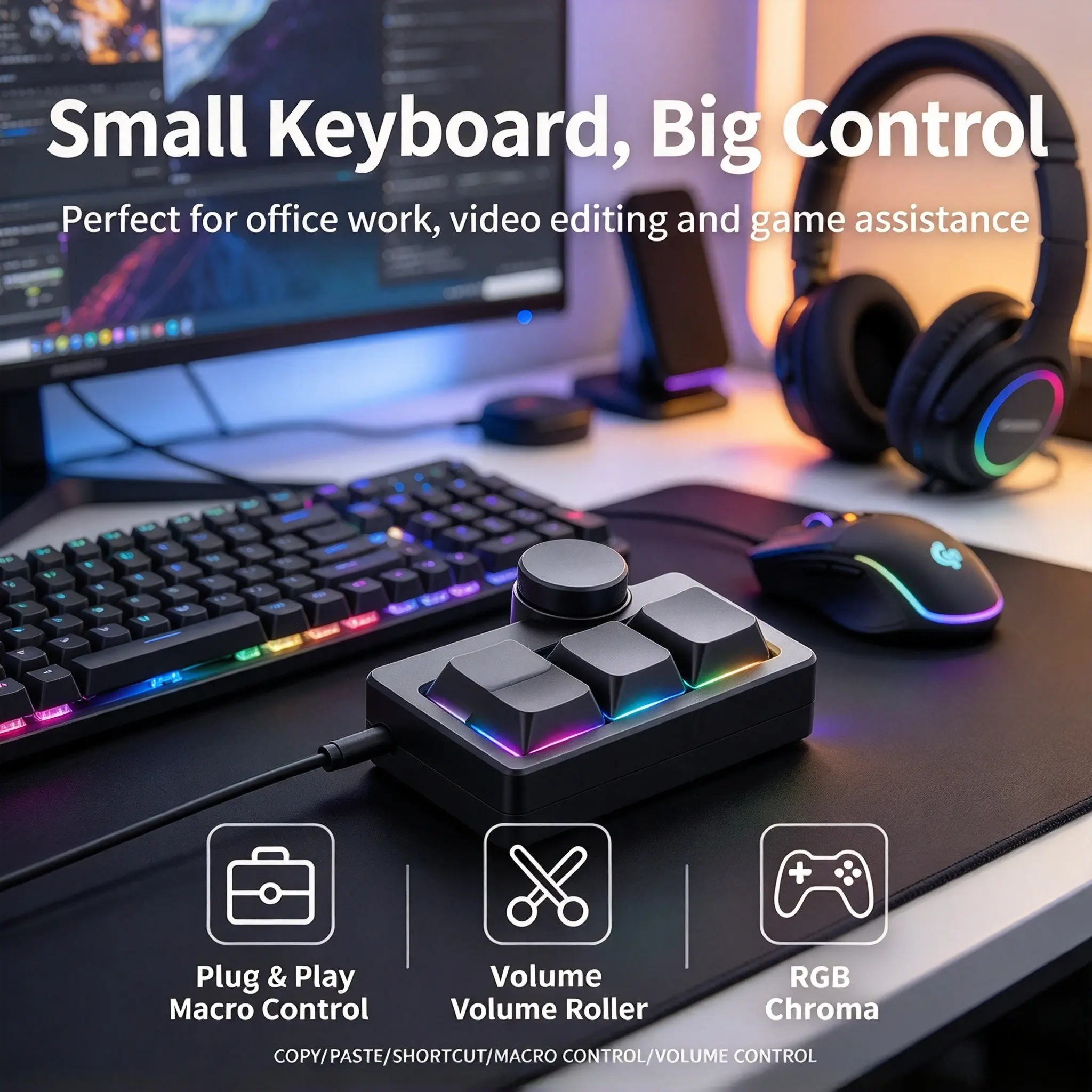 Hot-Swappable Rainbow RGB Backlit Mechanical Gaming Wired Mini 3Keys Keyboard USB Portable Multi-Combination/Multi-Media Office/Gaming Custom Shortcut Keyboard For PC Computer Laptop Tablet Desktop For School Study/Gaming/Office/Work/Business