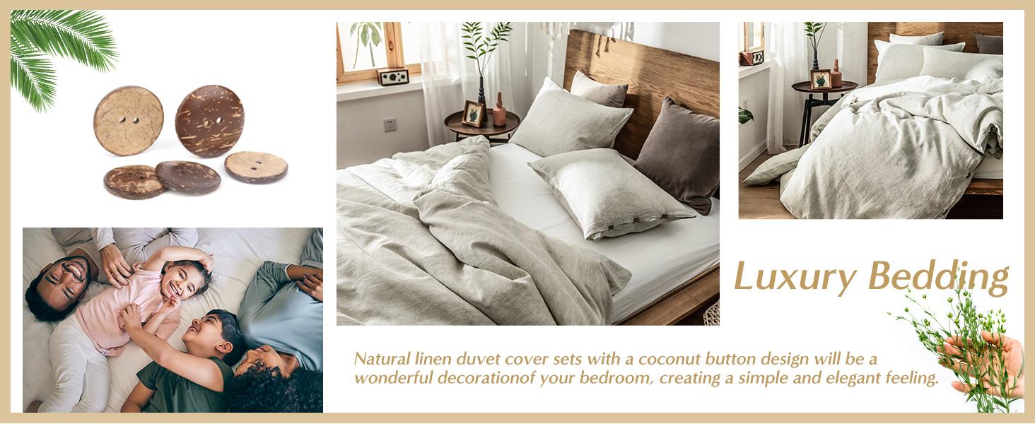 Simple&Opulence 100% Linen Duvet Cover Set, Belgian Flax Breathable Bedding, Comforter Cover+ Pillowsham with Coconut Button Closure