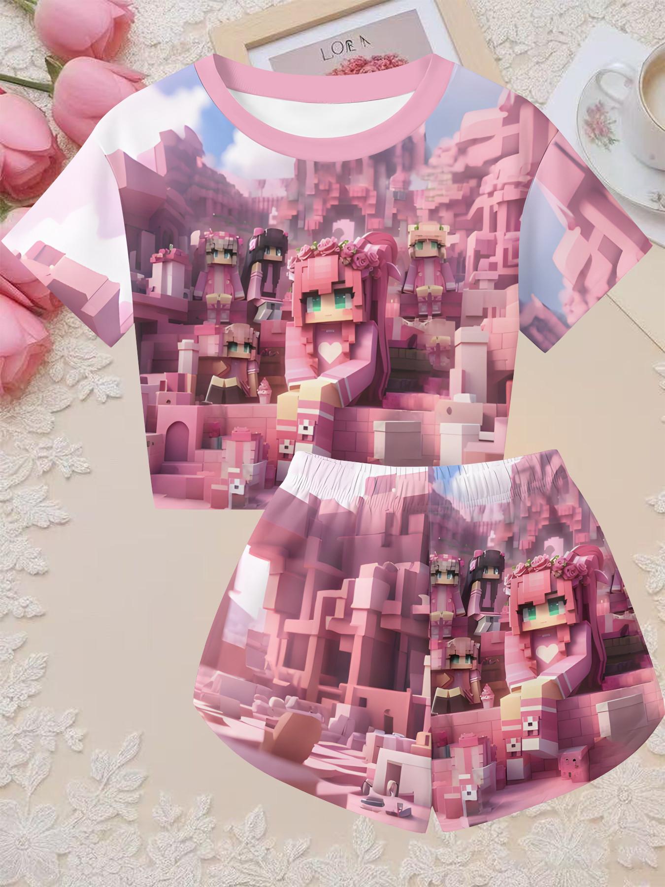 Girls' 3D Short Sleeve Set, Pixel Block Minecraft Cartoon Print Two-Piece, Perfect for Parties, Festive Gifts, Birthday Presents